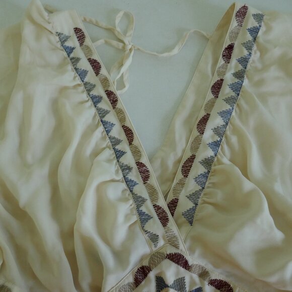 boho silky flowy embroidered cream deep v-neck top Aus size 12 (US size 8) - Picture 3 of 6